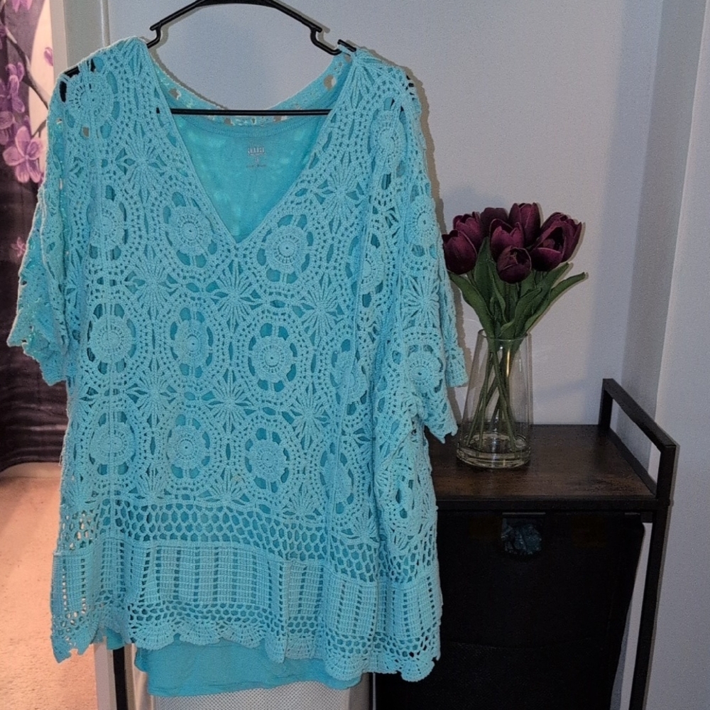 Roamans Light Blue Crochet Blouse with Bonus Tank Included For Free